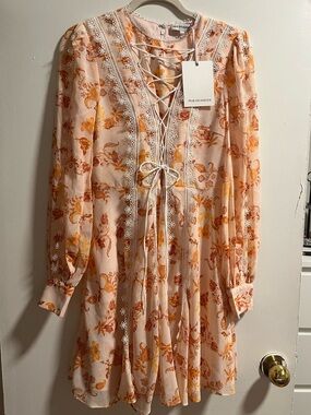 True Decadence Peach Floral Lace-Up Long Sleeve Dress